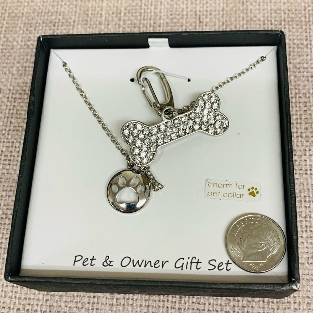 Pet and Owner Gift Set Silver Paw Necklace and Crystal‎ Bone Collar Charm